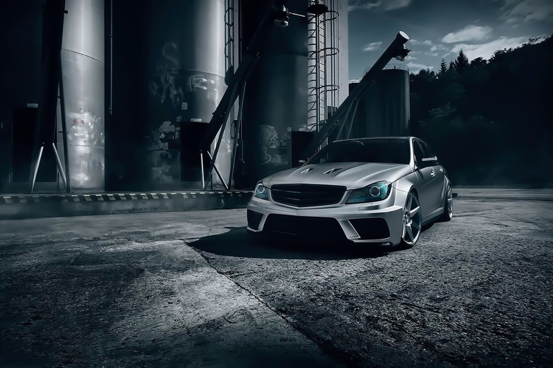 industry, stationary, outdoors, coupe, architecture, wheel, travel, Black, transportation, Front, T-Modell, building exterior, Mercedes-Benz, day, C63