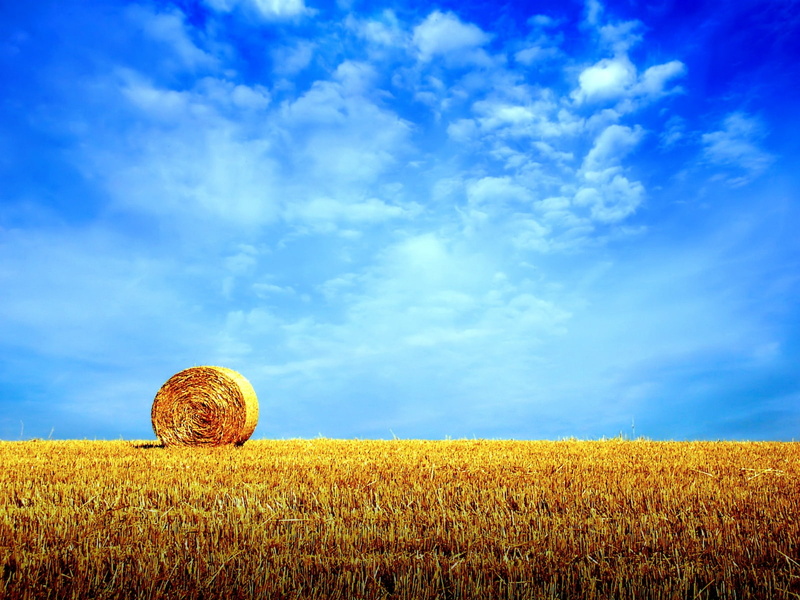 blue, straw, landscape, clouds, field, haystacks, 720P, nature