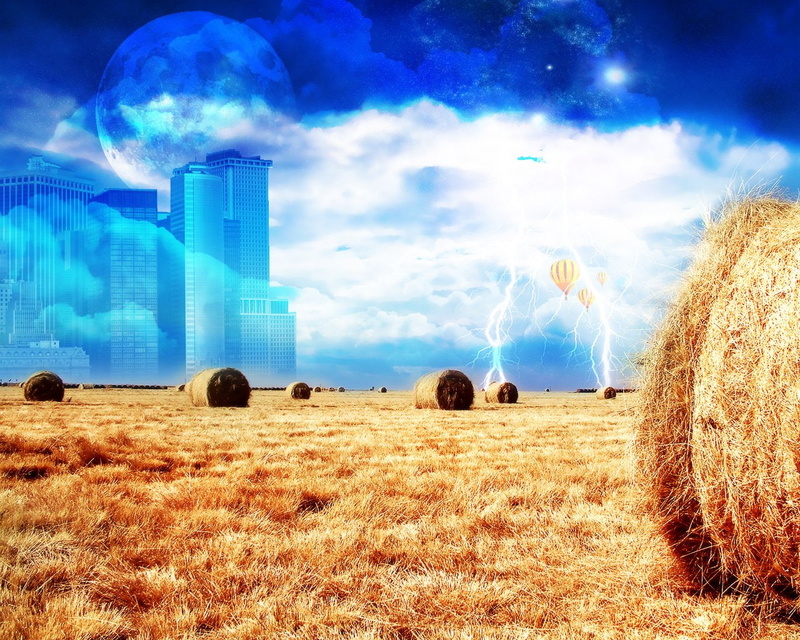 farm, nature, field, Lightning, Earth, blue, A Dreamy World, Moon, Sky, no people, agriculture, landscape, beauty in nature, City, hay, Hot Air Balloon