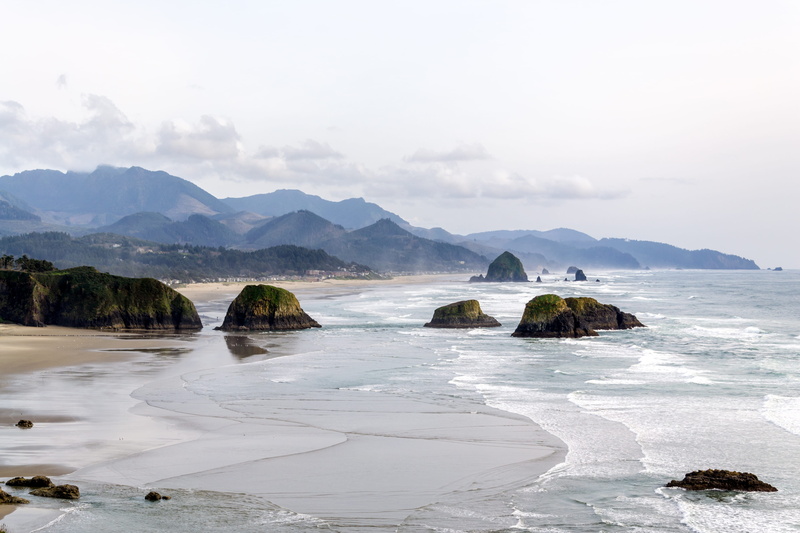 mountain, united states, solid, scenics - nature, canon beach, cannon beach, tranquil scene, day, rocks, 4K, fog, sky, outdoors, haystack, no people, nature