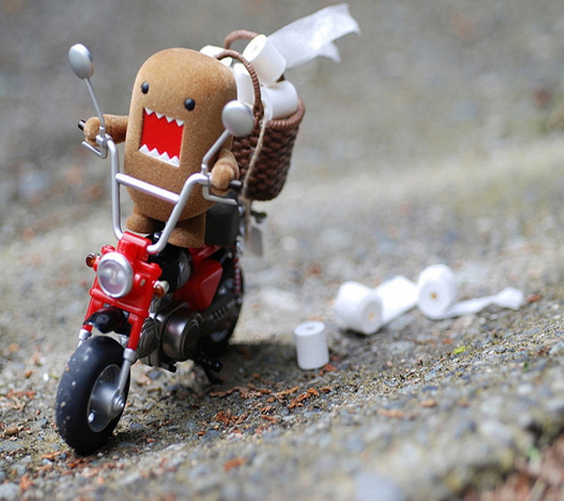 creativity, 720P, outdoors, transportation, teddy bear, road, humor, figurine, selective focus, stuffed toy, human representation, robot, childhood, motorcycle