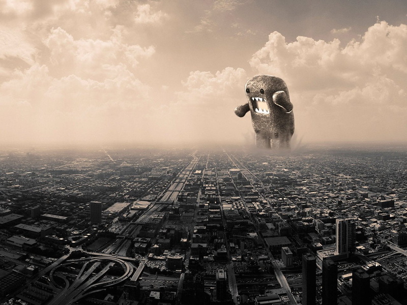  Funny, 720P, Abstract, Rawr, domo, Humor, monster, City