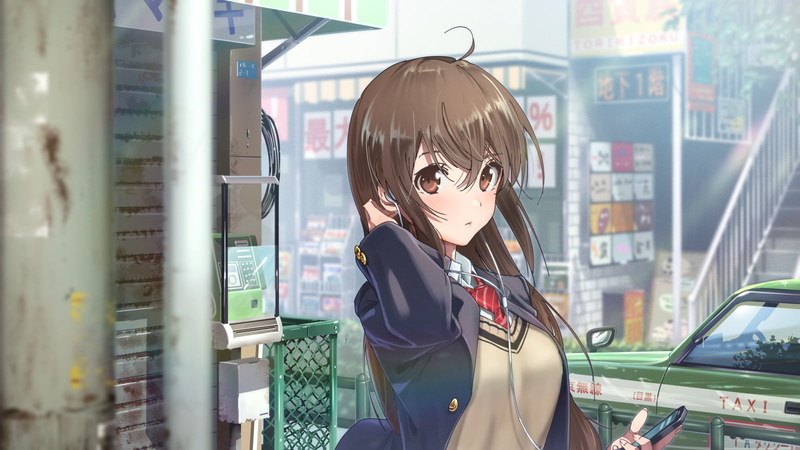 phone, eyes, building, konachan, car, tie, stairs, 720P, blush, original, hair, headphones, seifuku, 256020, com, brown, long, domo