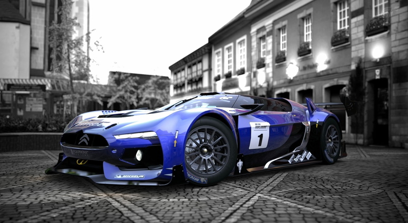 sports car, building exterior, 1080P, citroen, street, luxury, Gran Turismo, blue, transportation, car, mode of transportation, no people, architecture