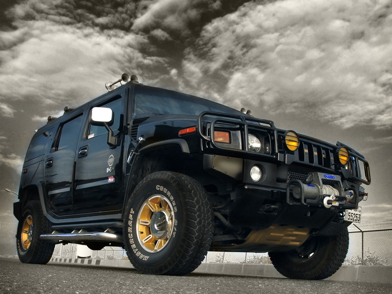 nature, low angle view, stationary, off-road vehicle, black color, Hummer, 1080P, road, motor vehicle, truck, car, outdoors, sky, pick-up truck, no people