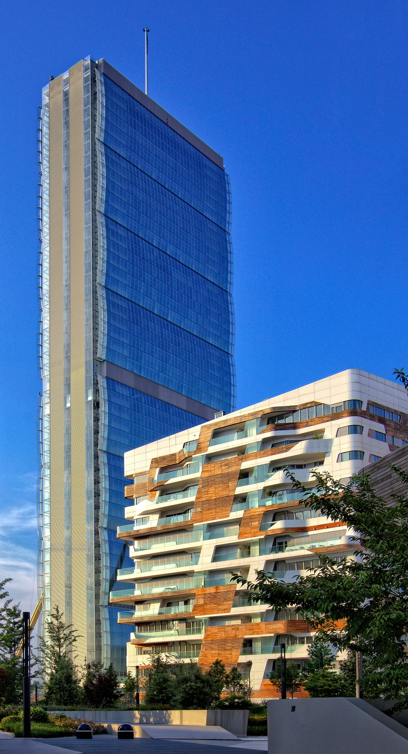 wood, building, copy space, facade, glass - material, balcony, building exterior, zaha hadid, nature, 5K, apartment, outdoors, tree, city, low angle view