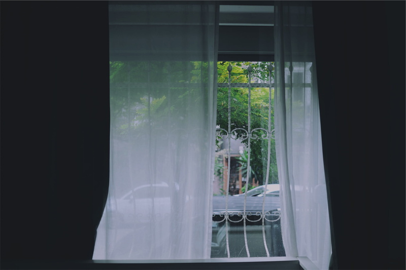 window frame, close-up, tree, room, textile, window, curtains, transparent, curtain, built structure, day, open, building, reflection, indoors, plant, glass - material