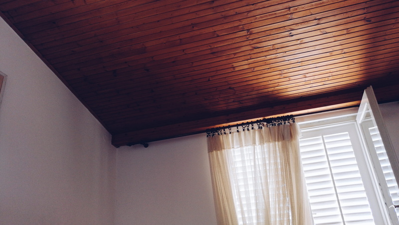 white, interior design, low angle view, wooden, day, house, simplicity, no people, sunshine, window, panel, room, home interior, wall, 2K, pattern, curtain