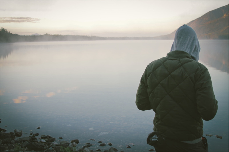 tranquility, winter, jacket, outdoors, nature, day, looking at view, rear view, scenics - nature, sky, reflection, body, fog, landscape, warm clothing