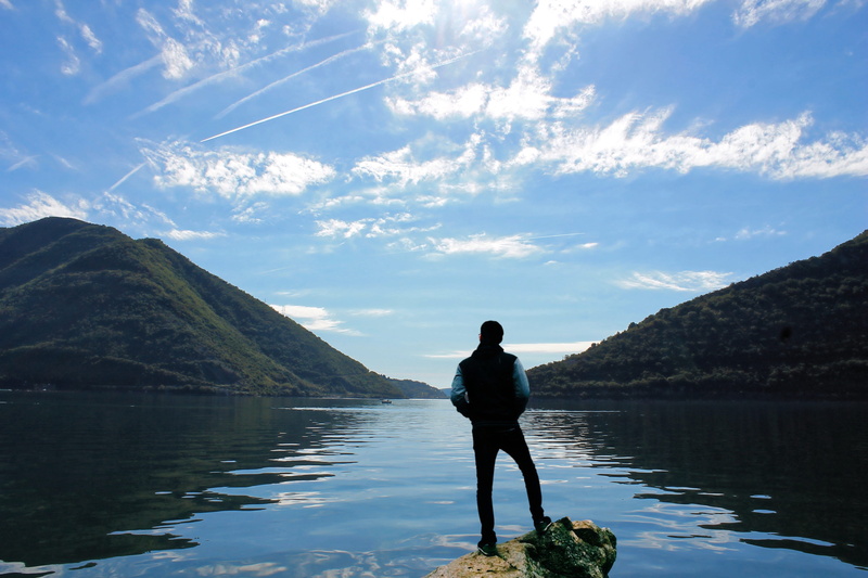 scenery, ripples, thoughtful, photo, rocky mountains, male, front, mountain lake, view, lake, scenics - nature, scene, outdoor, cloud - sky, man, landscape