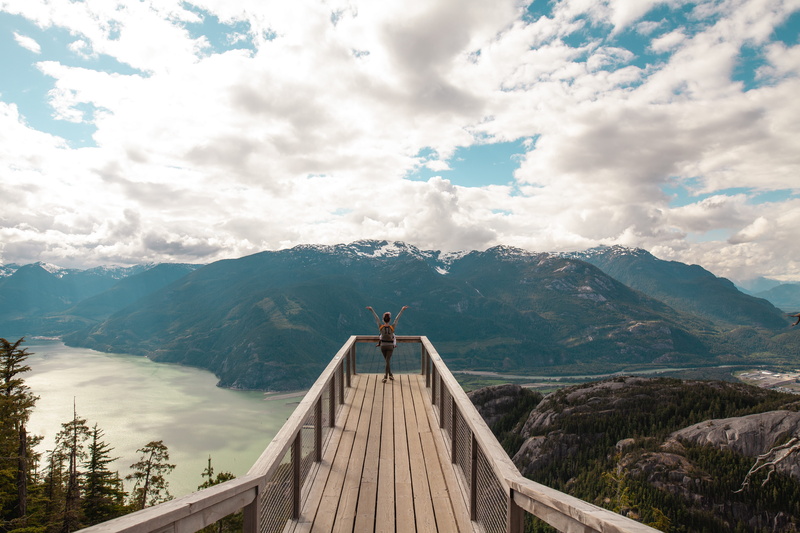 wooden, female, footbridge, environment, standing, viewing platform, brown, hands, sky, tranquility, lady, day, cloud - sky, woods, daytime, beauty in nature