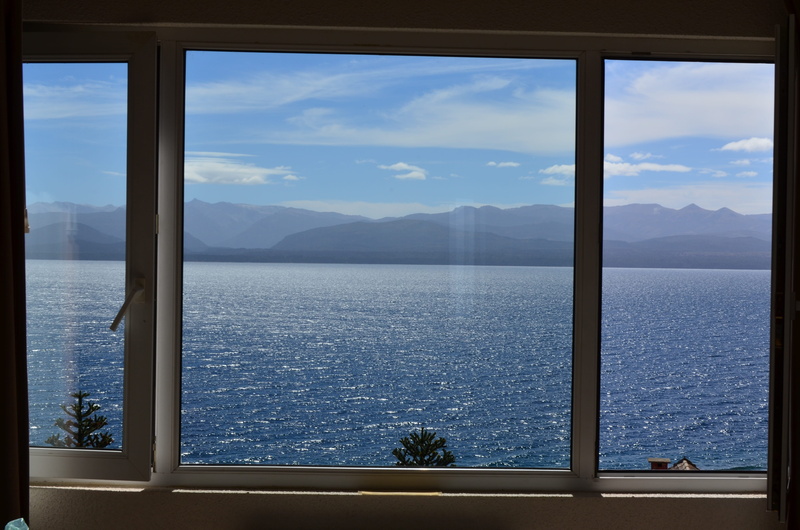 nature, day, indoors, water, tranquility, 4K, scenics - nature, beauty in nature, window frame, sky, lake, cloud - sky, mountain range, transparent, tranquil scene
