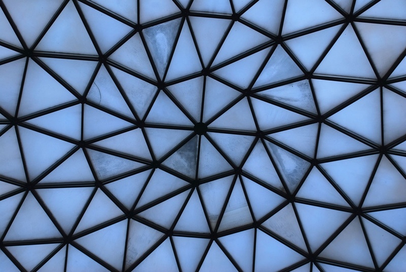 blue, design, futuristic, glass, full frame, close-up, modern, day, indoors, triangle shape, shape, glass - Material, architecture, no people, directly below