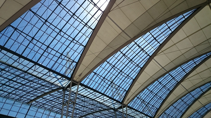 Construction, urban Scene, Ceiling, pattern, building, architecture, sunlight, glass - Material, office Building, full frame, sky, built Structure, ceiling construction