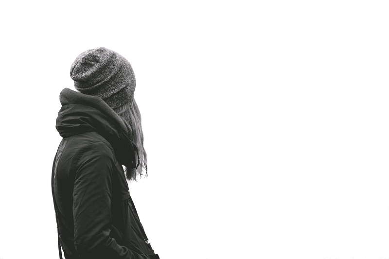 black, portrait, knit, clear sky, day, jacket, white background, leisure activity, hood, hood - clothing, female, winter, hat, standing, adults only, hairstyle