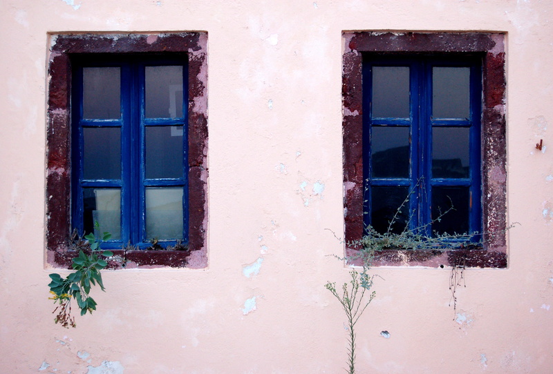 outdoors, concrete, building exterior, windowpanes, greece, view, frame, day, mediterranean, painted, windows, santorini, closed, building, architecture