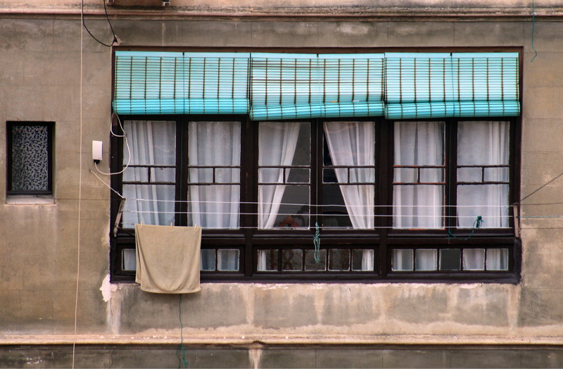 windows, container, window, retail, concrete, light blue, hanging, outdoors, wall - building feature, building, three, metal, house, modern, no people