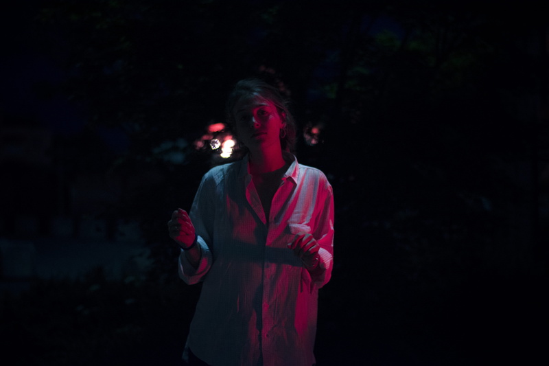 young adult, photography, neon, girl, person, night, adult, selective, red light, outdoors, female, standing, copy space, contemplation, 5K, looking away
