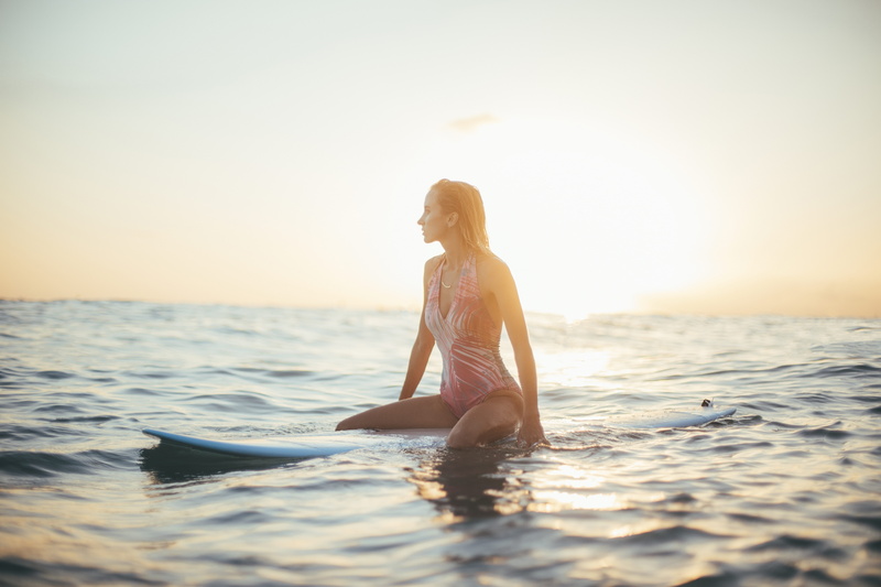 island, monokini, holiday, hair, trip, beach, white, young adult, surfboard, wearing, water, outdoors, wave, sea, sun, sunset, blue, swell, horizon over water