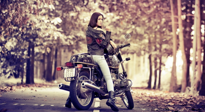 Girls, motorcycle, tree, black, biker, city, motorcycles, mode of transportation, 1080P, sports helmet, clothing, females, leather jacket, lifestyles