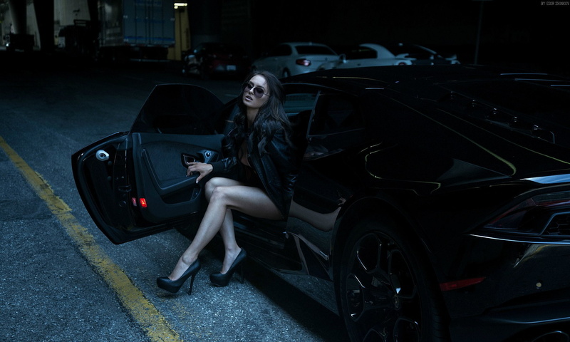 Lamborghini, women with cars, 1080P, dark, Lamborghini Huracan, car, model, leather jackets, Egor Zhinkov, Huracan, legs, women