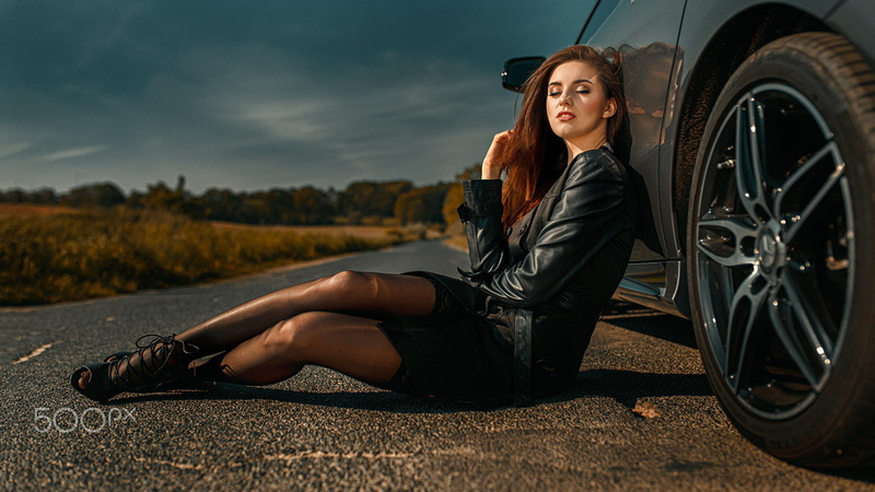 model, young women, hairstyle, beautiful people, leather, women, car, road, lifestyles, long hair, shoe, sky, 500px, auburn hair, Damian Piórko, full length