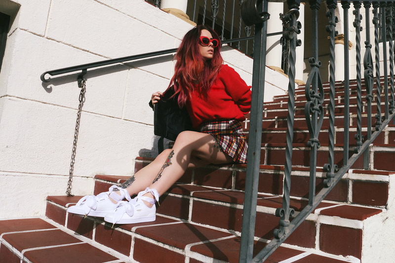 Puma, sunglasses, legs, hairstyle, portrait, fashion, stairs, inked girls, adult, beautiful woman, casual clothing, one person, miniskirt, glasses, architecture