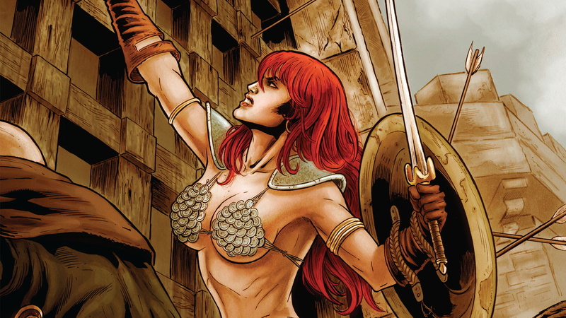 sword, cartoon/comic, character, cartoon, 1080P, holding, sonja, redhead, haired, anime, shield, hd, red, woman