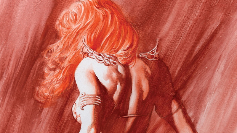 painting, shoulder, gear, 1080P, red, gray, cartoon/comic, drawing, metal, hd, woman, sonja, redhead