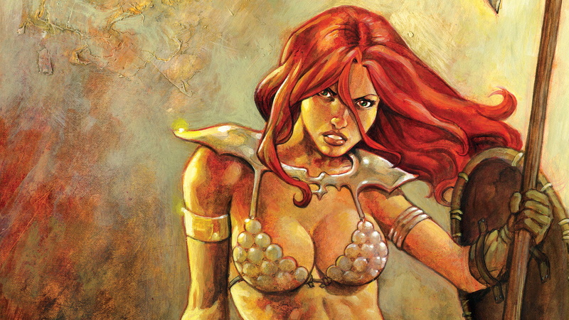 shield, holding, haired, illustration, cartoon/comic, 1080P, woman, redhead, drawing, red, sonja, hd
