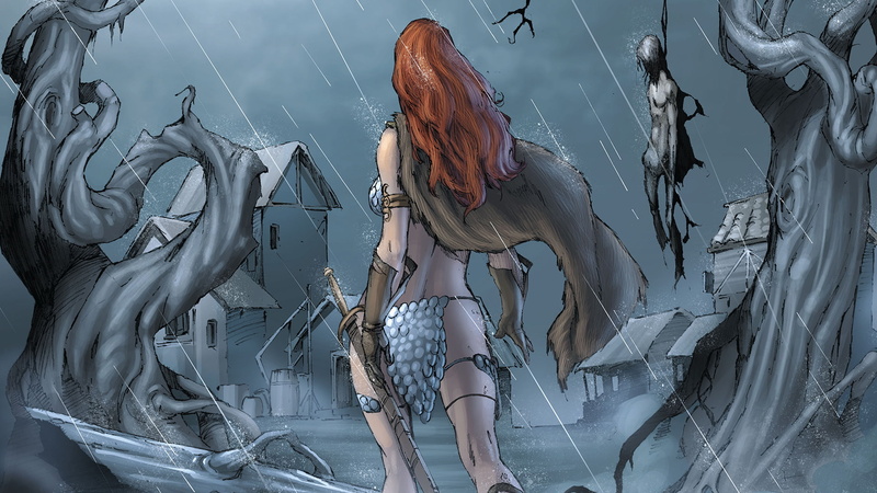 red, hd, rain, 1080P, cartoon/comic, redhead, sonja