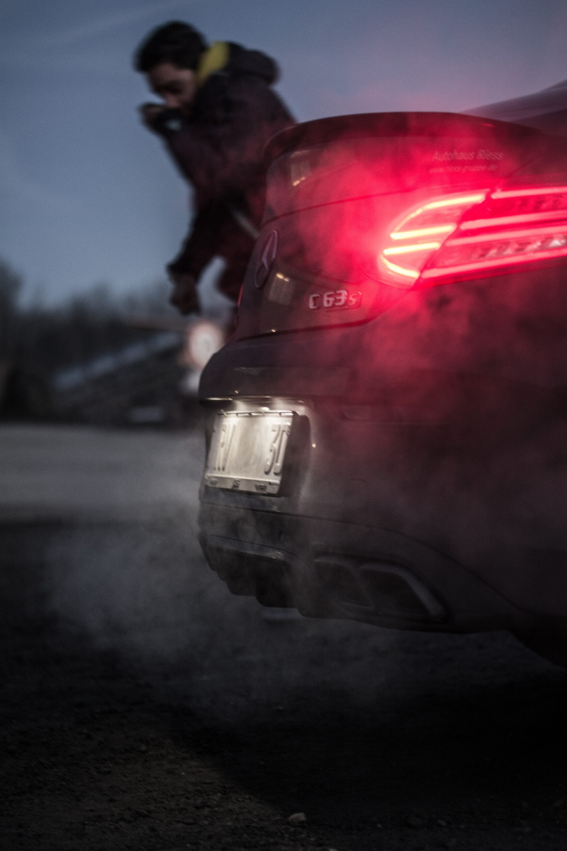 standing, mercedes, c63, nature, city, red, caughing, land vehicle, road, men, outdoors, car, night, exhaust, 5K, one person, illuminated, mode of transportation