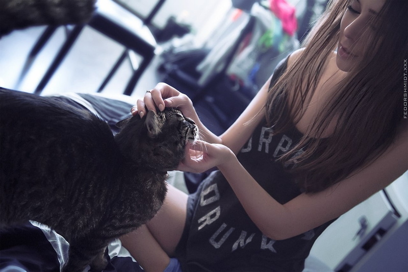 long hair, 720P, legs, Fedor Shmidt, fitness model, Turkish Van cats, cat, animals, women, model, brunette