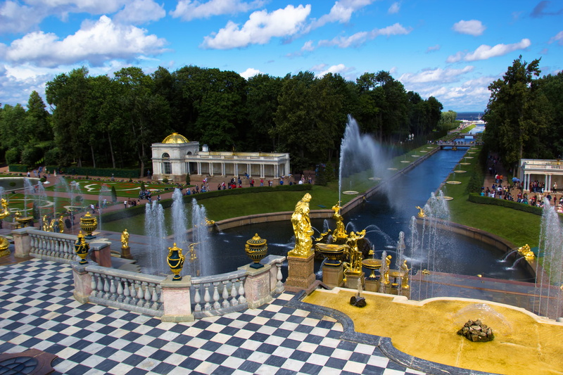 waterfall, water, spb, grandiosely, 4K, petersburg, sunlight, baluster, baroque, swimming pool, lake, outdoors, sculpture, decoration, summer, chair, tiled floor