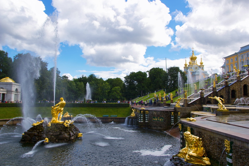 cascade, canal, fountain, monument, large, tree, antique, spb, peter, 2K, spray, saint, water, gold, building exterior, russia, petergof, belief, golden