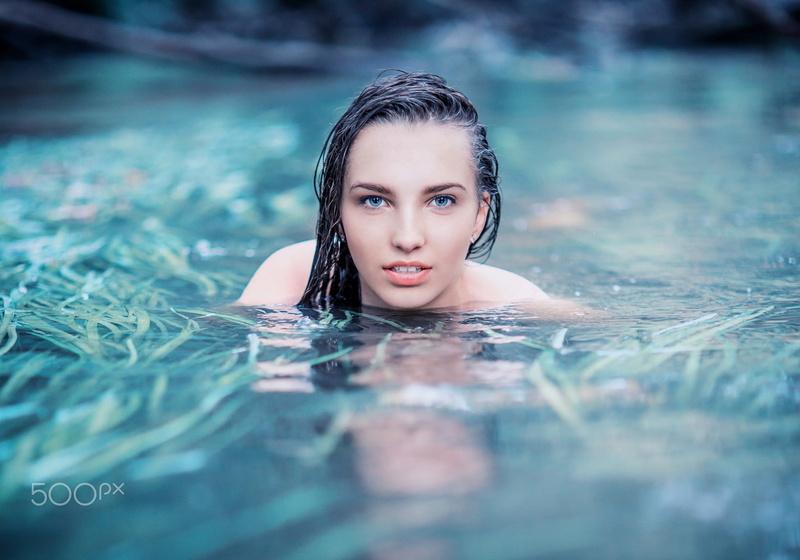 young women, blue eyes, headshot, beauty, leisure activity, swimming, brunette, one person, swimwear, selective focus, river, portrait, waterfront, young adult