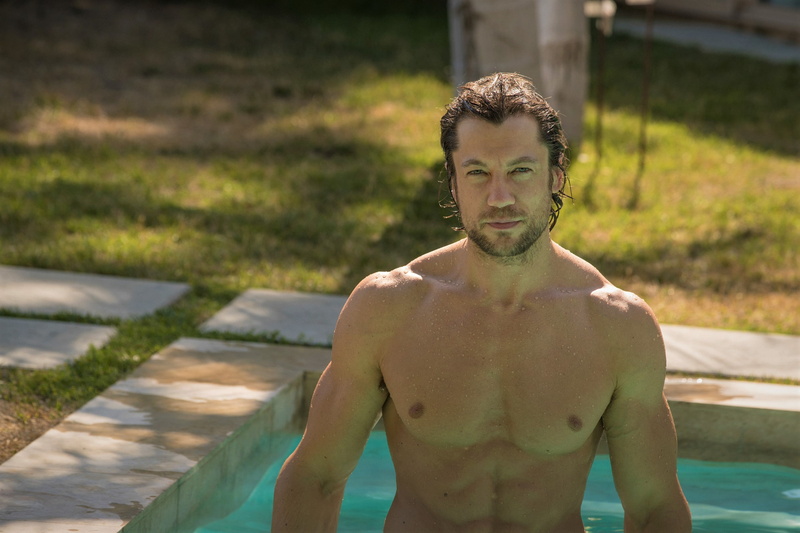 Jean Val Jean, model, men, wet hair, 2K, wet body, swimming pool, looking at viewer, Bodybuilder