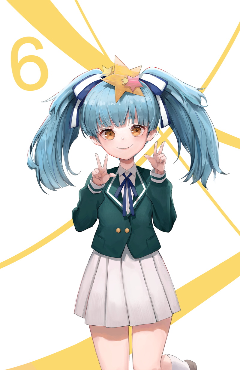 Zombieland Saga, school uniform, anime boys, long hair, hair ribbon, 4K, artwork, bangs, fan art, smile, standing, standing on one leg, 2D, anime, thighs