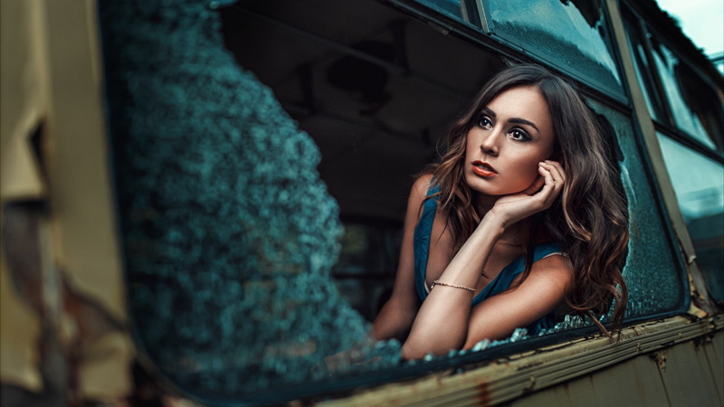 open mouth, women, 500px, women outdoors, looking away, Katarzyna Kluska, Damian Piórko, broken glass, wavy hair, brunette, 1080P, vehicle, blue dress