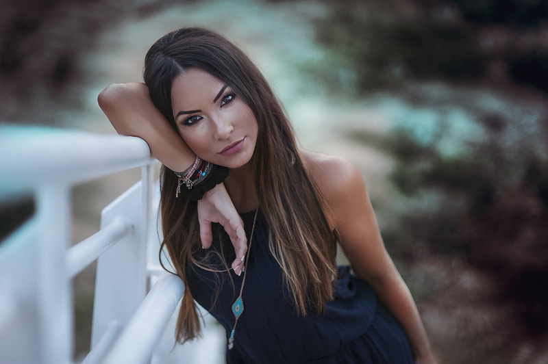 dress, women, Dimitris Konstantinidis, face, portrait, tanned, women outdoors, 1080P, brunette, depth of field, dark eyes
