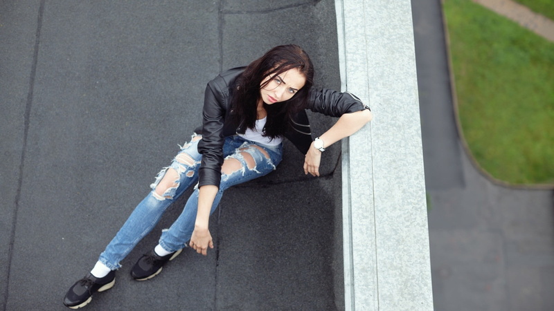 brunette, sitting, long hair, city, teenager, casual clothing, beautiful woman, one person, young women, hair, leather jackets, looking at viewer, Alexey Tsyganov