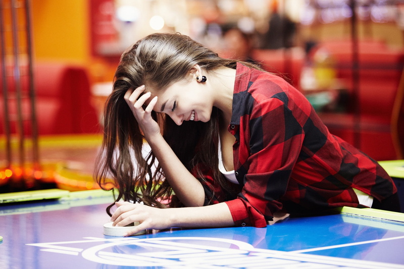 1080P, smiling, long hair, brunette, closed eyes, depth of field, model, women, Alexey Tsyganov, shirt