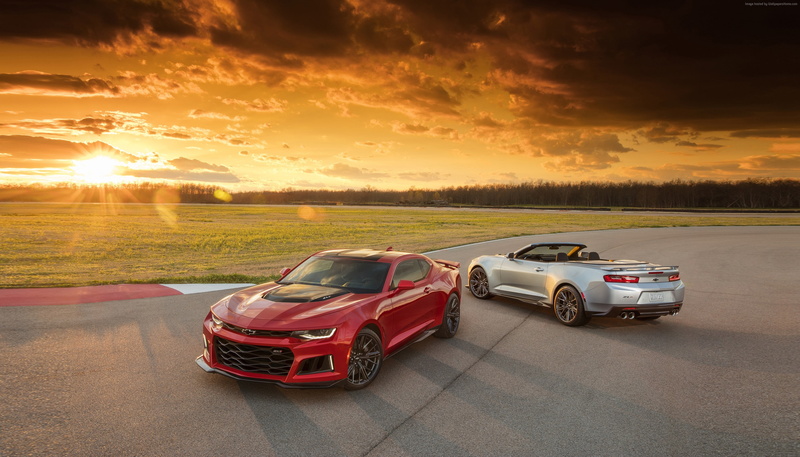 Chevrolet Camaro ZL1, car, sky, orange color, sunlight, scenics - nature, no people, cloud - sky, red, motor vehicle, 2K, sunset, speed, sports car, road