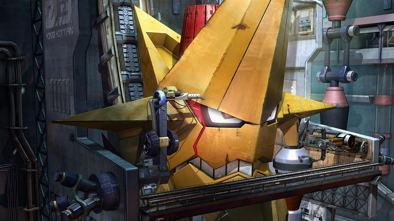 construction equipment, machine part, junkyard, industry, yellow, day, fuel and power generation, city, metal, factory, building exterior, mech, Tengen Toppa Gurren Lagann