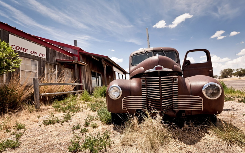retro styled, clouds, Oldtimer, motor vehicle, car, day, field, classic, junkyard, damaged, 1080P, outdoors, obsolete, brown, nature, abandoned, mode of transportation
