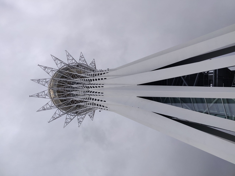skyscraper, wheel, directly below, nature, nur-sultan, outdoors, modern, city, reflection, machine, travel, steeple, cloud - sky, tower, day, nursaya-2