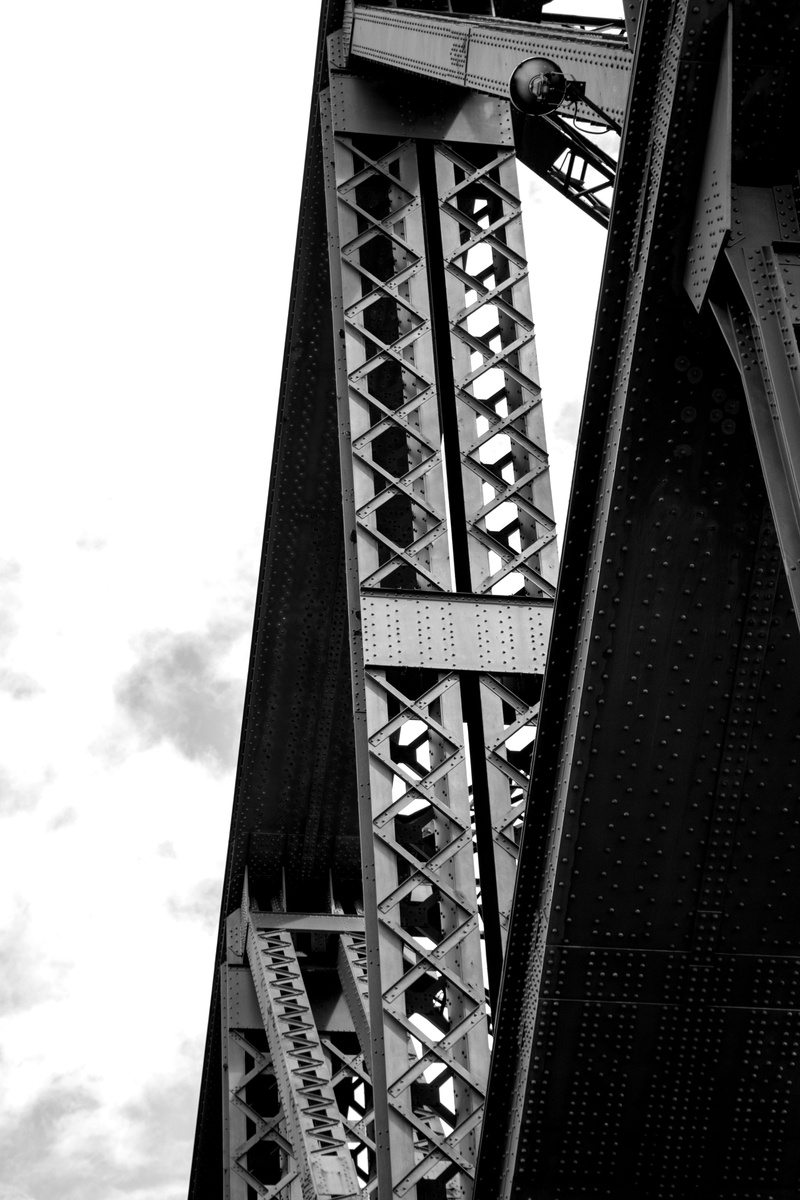 urban, lines, building exterior, outdoors, steeple, no people, metal, day, steel, city, black and white, harbour bridge, geometry, sky, 5K, low angle view