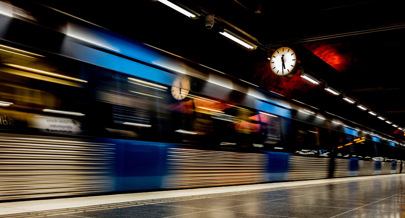 train, station, terminal, rail transportation, locomotive, no people, transportation, sweden, clock, long exposure, cable car, public transportation, speed