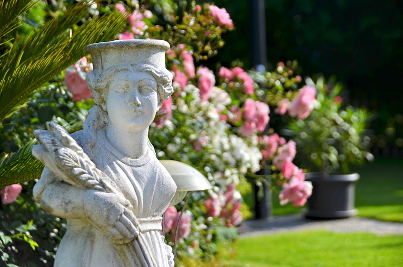 stone figure, farm, feminine, plant, meadow, garden, clay figure, no people, summer, figure, roses, flower, green, statue, formal garden, cereal, day, nature