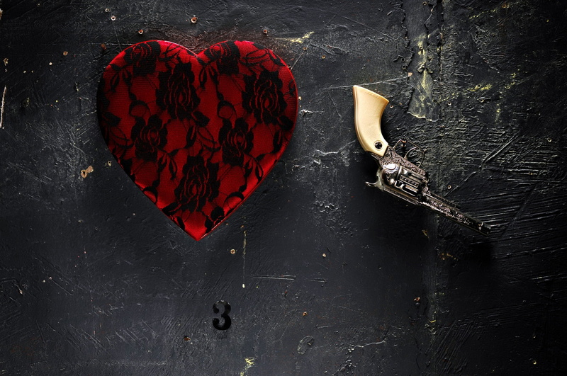 love, gun, heart, craft, flower, wood - material, high angle view, emotion, design, creativity, directly above, black color, heart shape, red, table, close-up